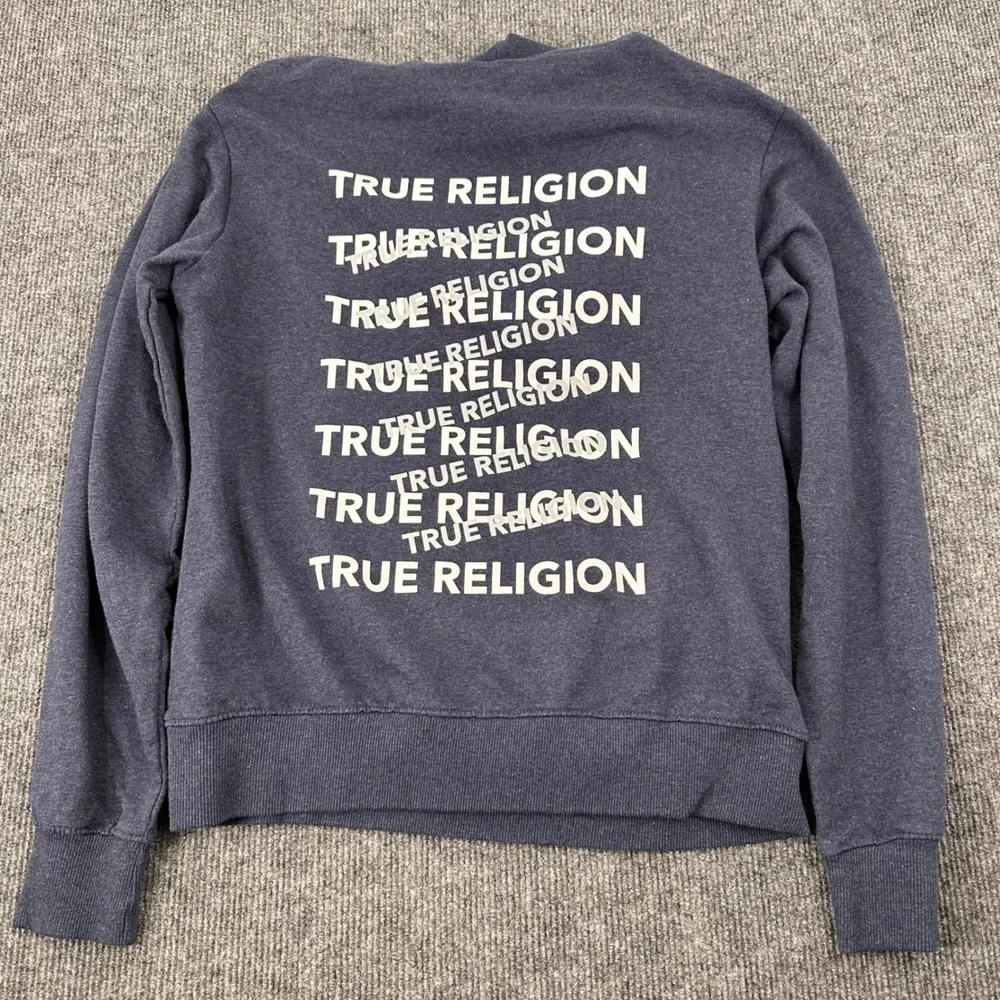 True Religion Hoodie Mens Medium Logo Graphic Navy Blue Modern Casual